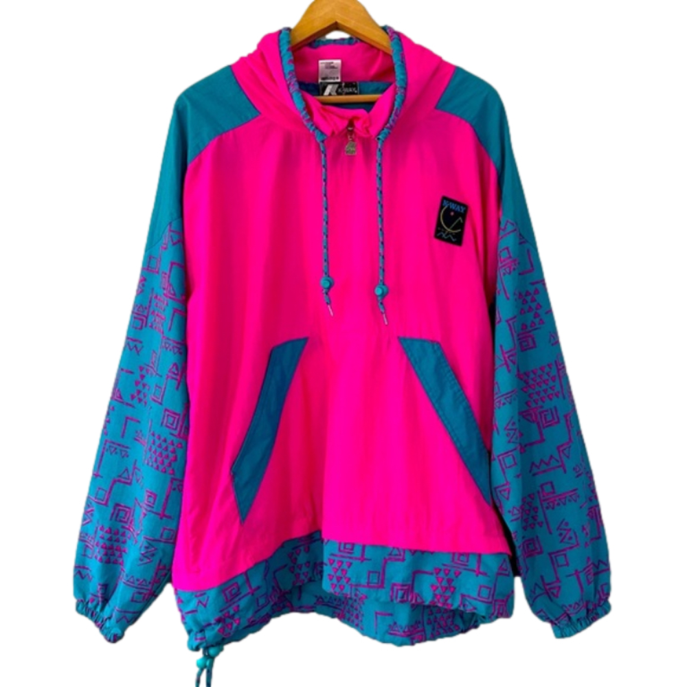K-Way Kway Neon Pink Teal Vintage Windbreaker Jacket 80’s- Size Large (bin 2J)